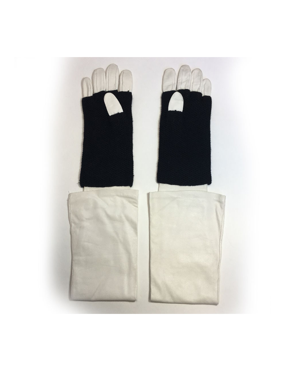 CHANEL long gloves in white leather and black cashmere size 7.5