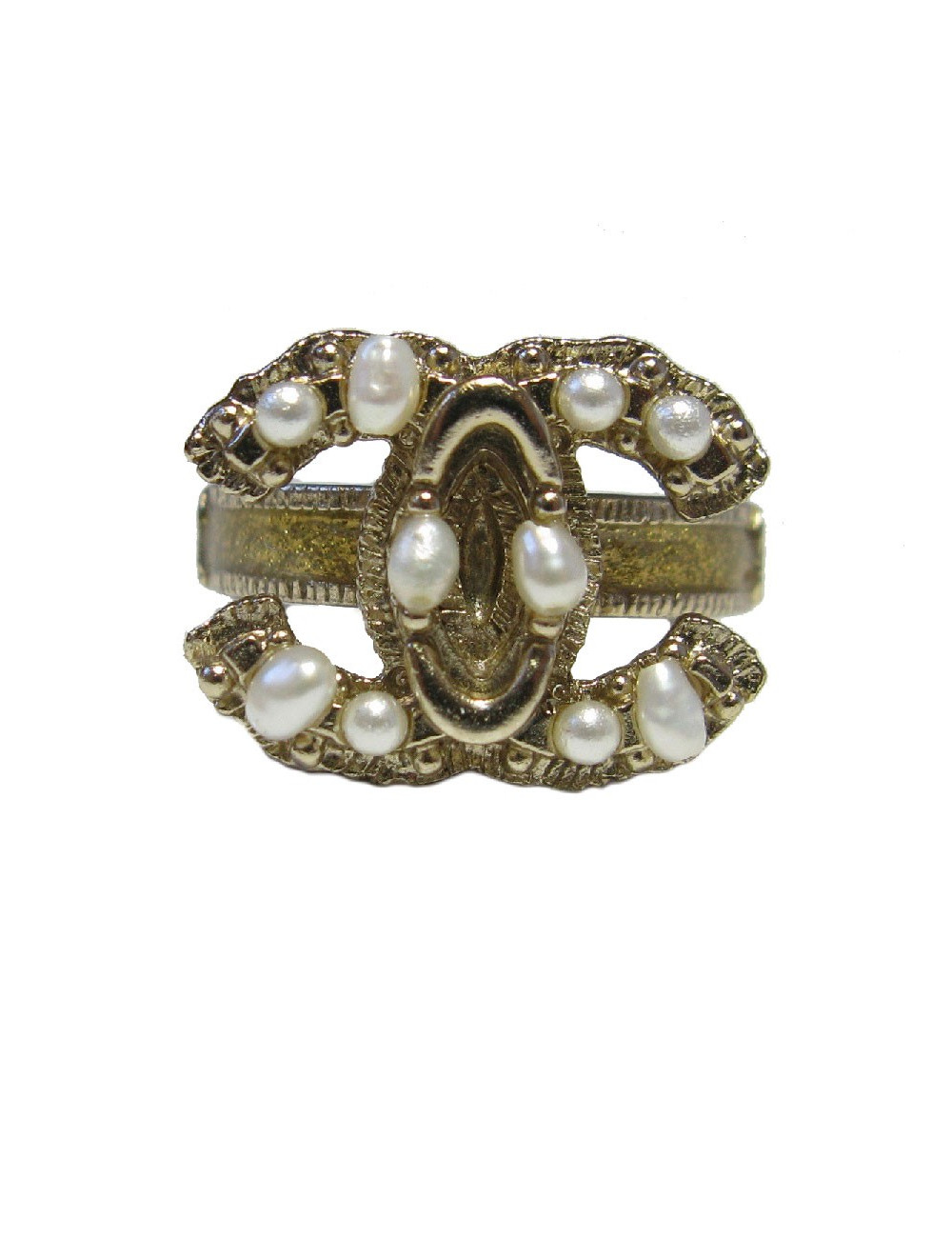 Bague CHANEL CC T53 en métal doré, perles et résine pailletée