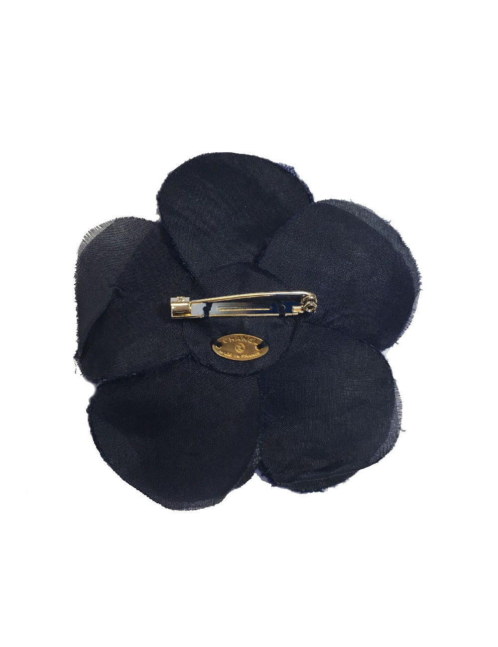 CHANEL camellia brooch in dark blue fabric
