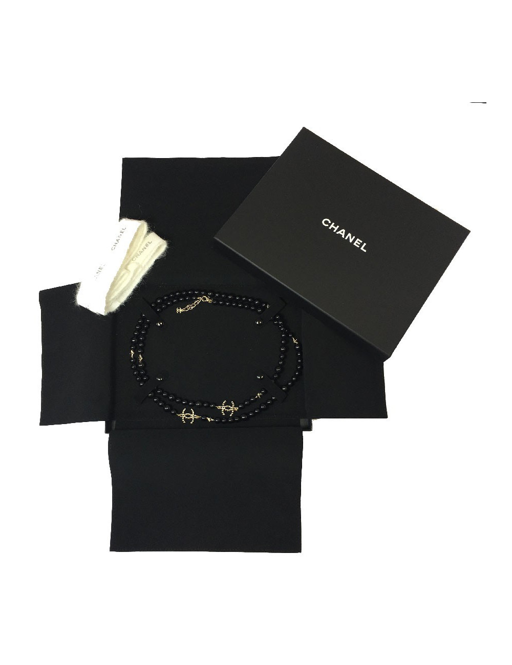 Sautoir CHANEL perles noires et CC dorés