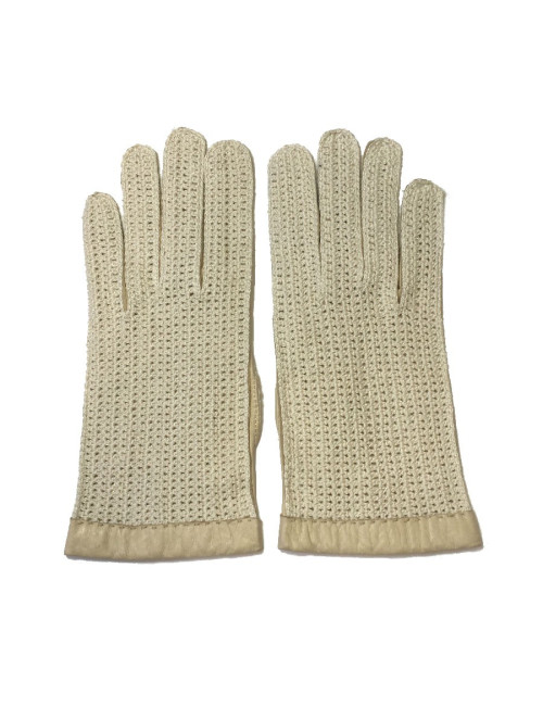 Gants NON SIGNES cuir et crochet crème T7,5