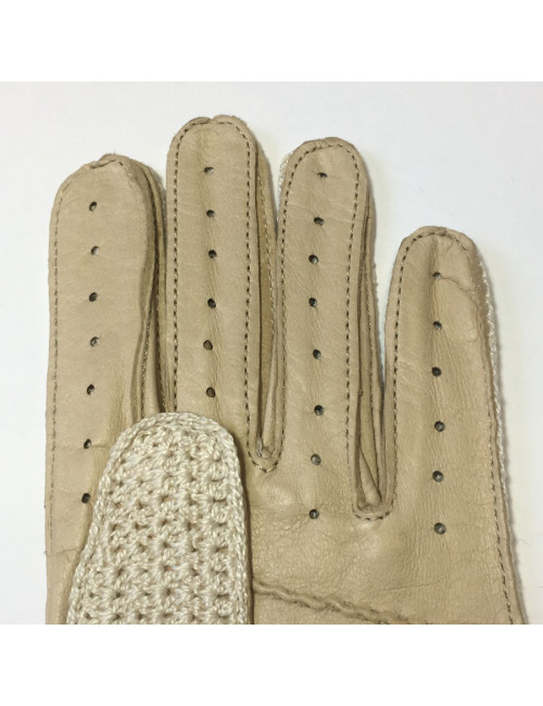 Gants NON SIGNES cuir et crochet crème T7,5