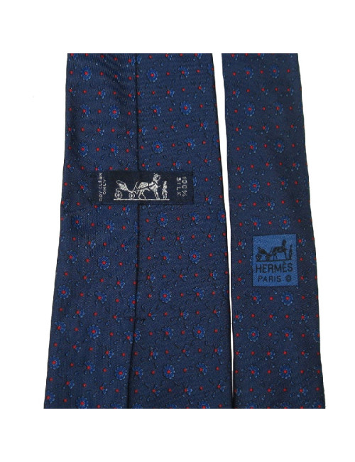Cravate HERMES en soie imprimée bleu nuit