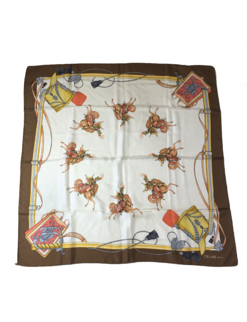 Carré CELINE en soie marron et blanche
