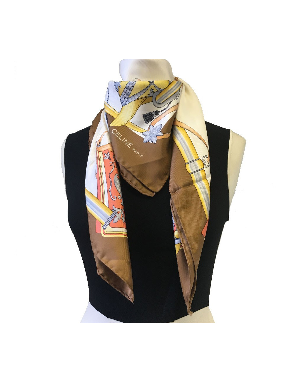 Carré CELINE en soie marron et blanche