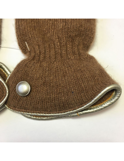 Gants MURIEL en laine marron clair et cuir doré taille unique