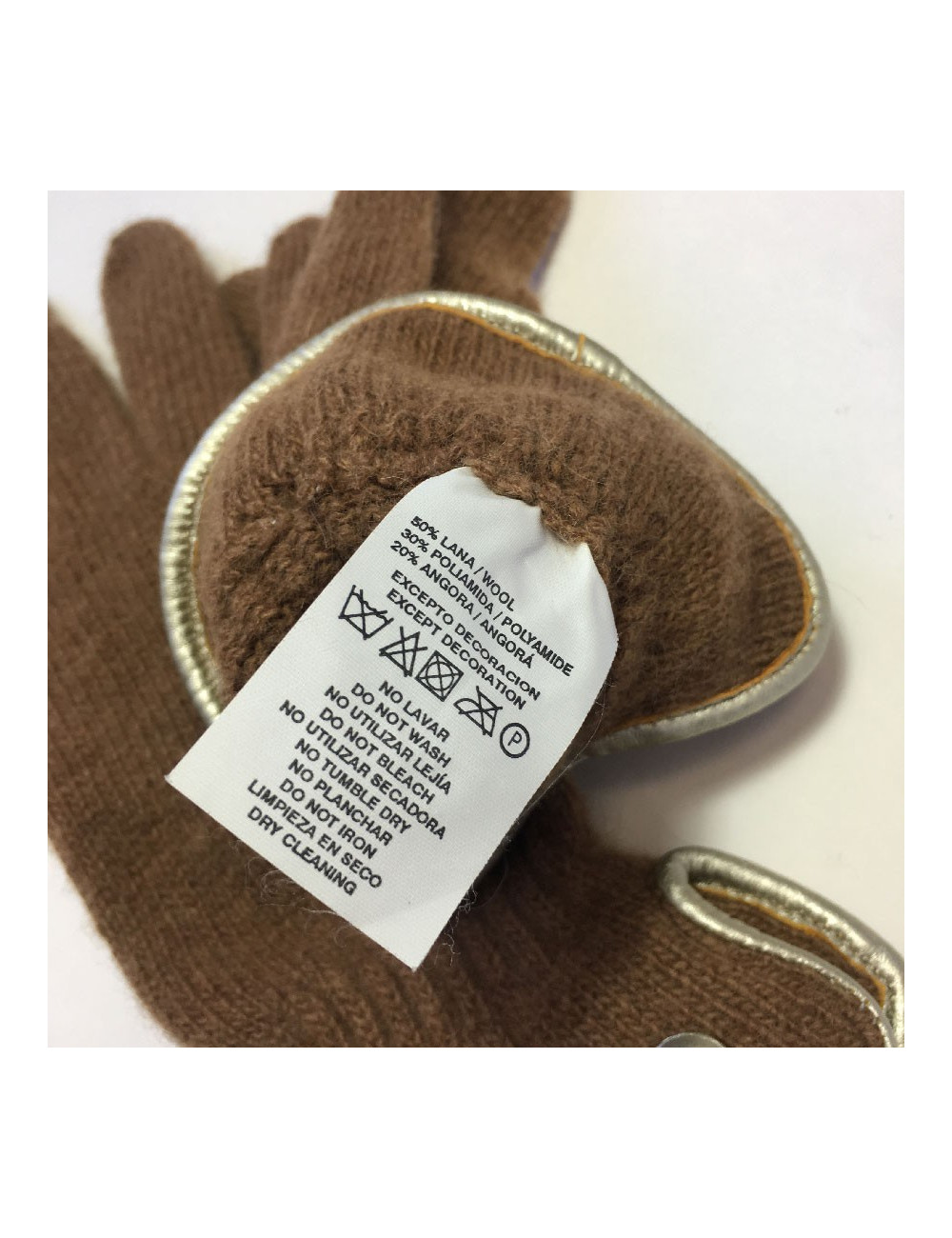 Gants MURIEL en laine marron clair et cuir doré taille unique