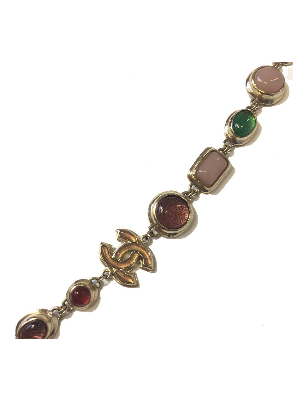 Sautoir CHANEL en métal doré et cabochons en résine multicolore