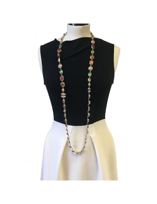Sautoir CHANEL en métal doré et cabochons en résine multicolore