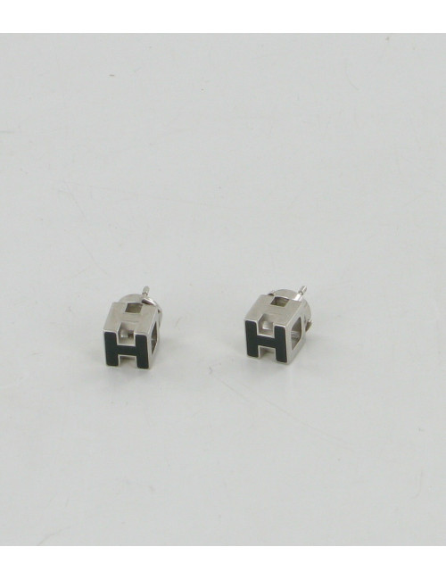 Boucles d'oreilles HERMES argent et email noir