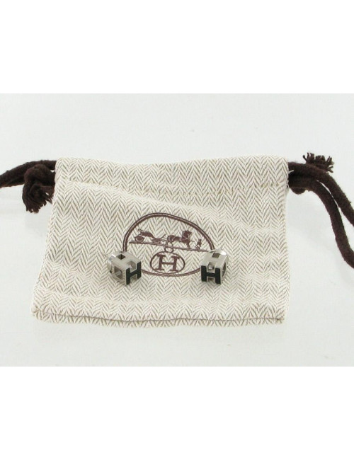 Boucles d'oreilles HERMES argent et email noir
