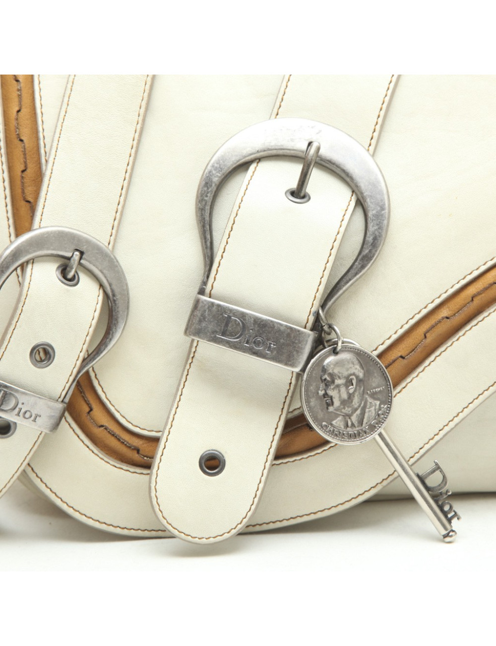 Sac CHRISTIAN DIOR Saddle en cuir blanc casé et camel