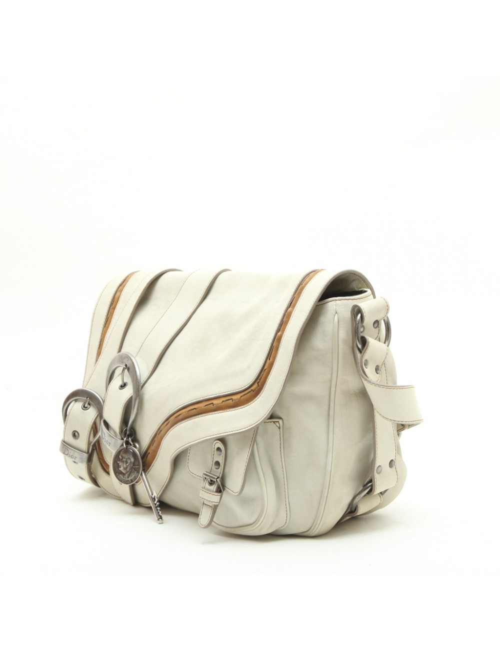 CHRISTIAN DIOR Saddle bag in off-white and camel leather