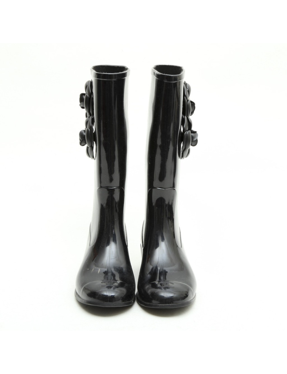 CHANEL rain boots with camellias in black rubber size 38FR