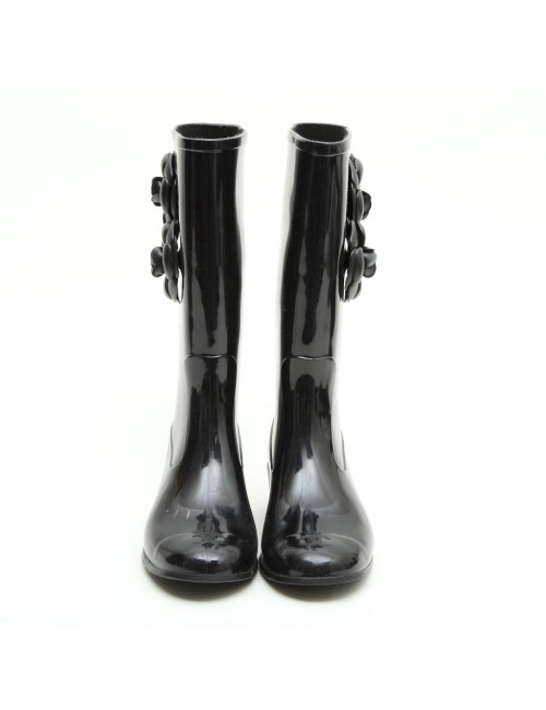 CHANEL rain boots with camellias in black rubber size 38FR