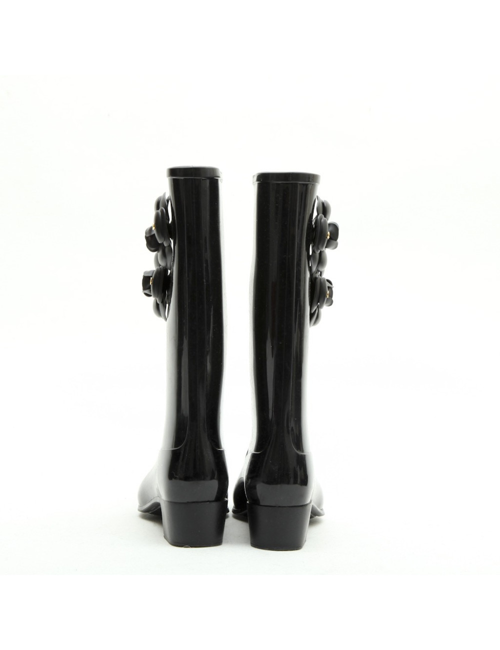 CHANEL rain boots with camellias in black rubber size 38FR