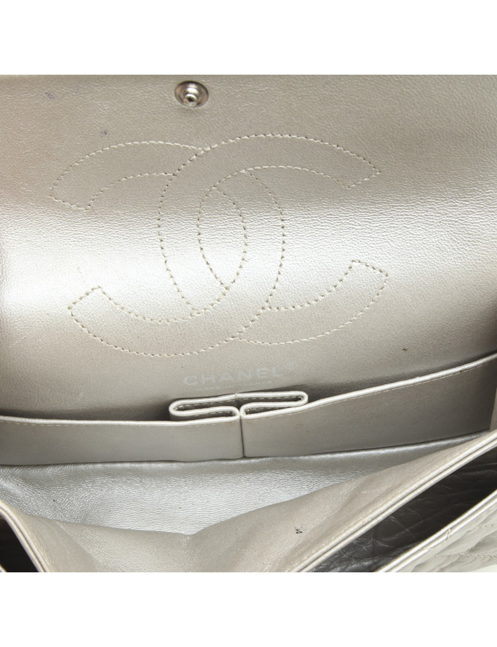 CHANEL Timeless double flap bag in aged silver leather