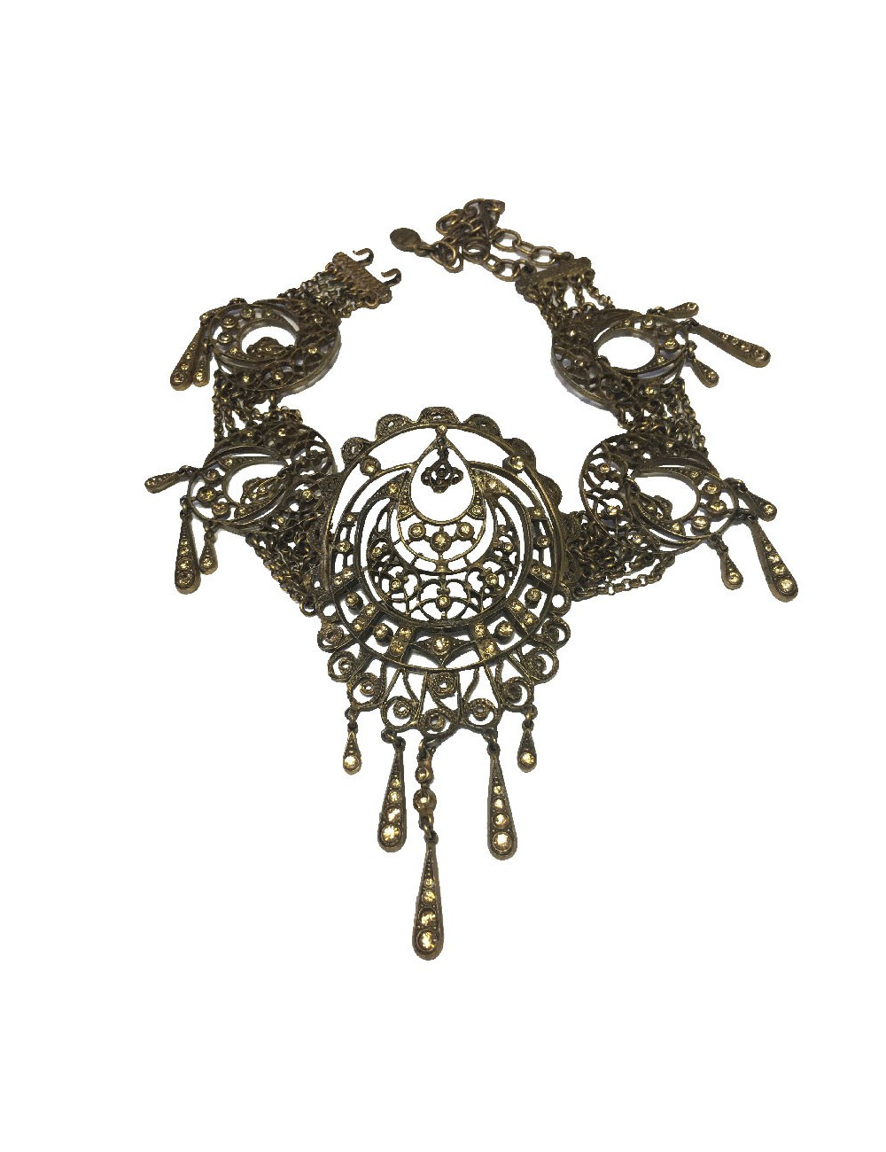 Collier CHRISTIAN DIOR vintage en métal filigrané cuivré, strass jaunes