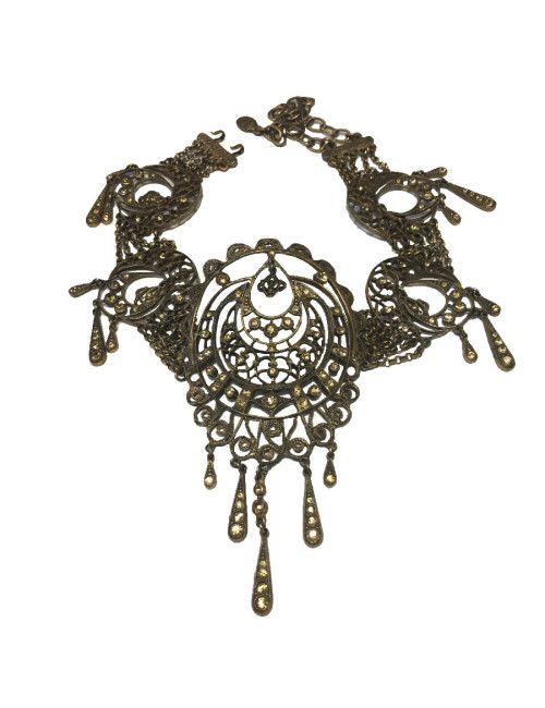 Collier CHRISTIAN DIOR vintage en métal filigrané cuivré, strass jaunes