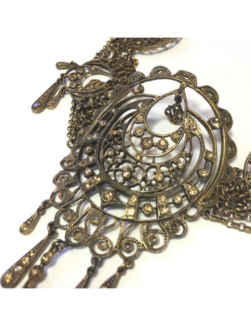 Collier CHRISTIAN DIOR vintage en métal filigrané cuivré, strass jaunes