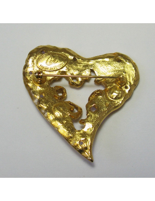 CHRISTIAN LACROIX heart brooch in gilt metal and rhinestones