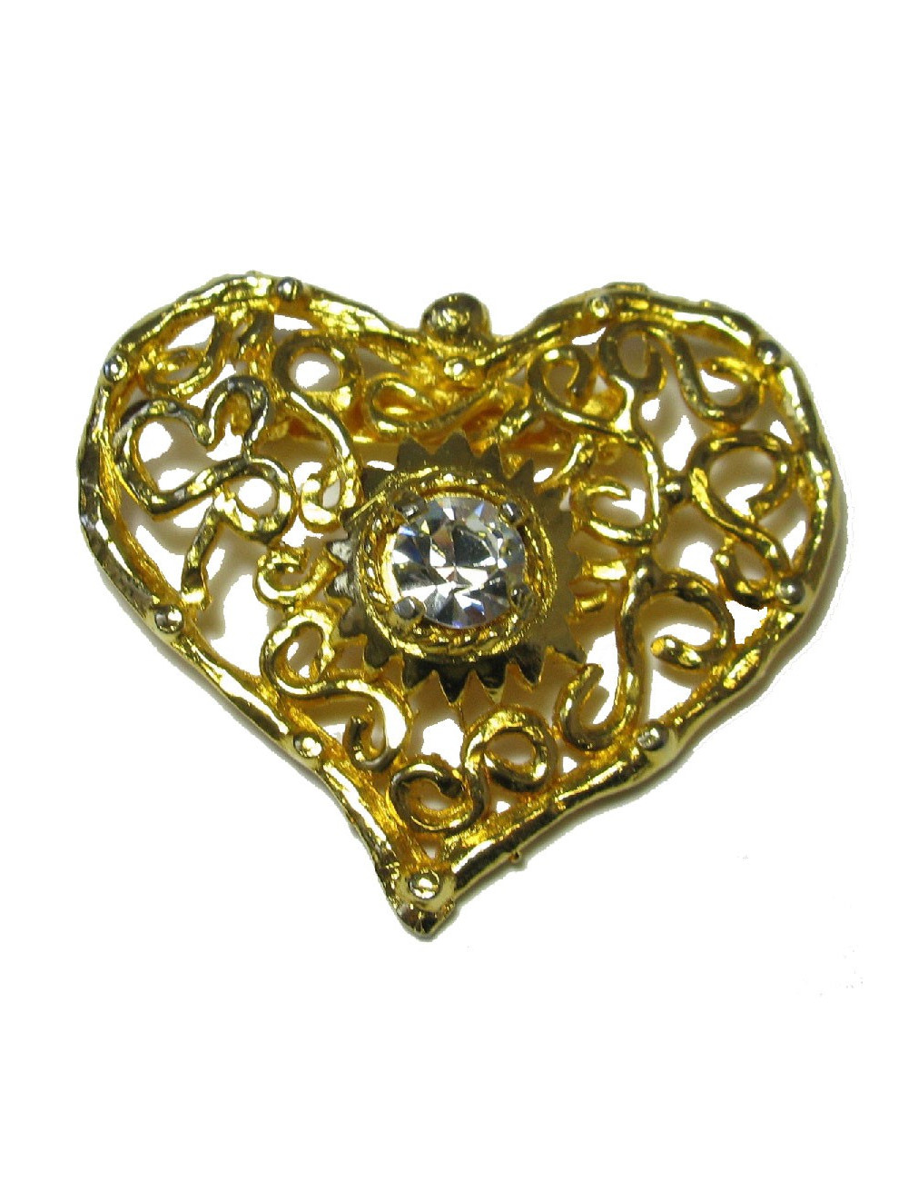 Broche CHRISTIAN LACROIX vintage coeur en métal doré serti d'un grand strass blanc au centre