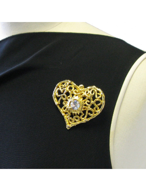 CHRISTIAN LACROIX heart brooch in gilded metal and white rhinestone
