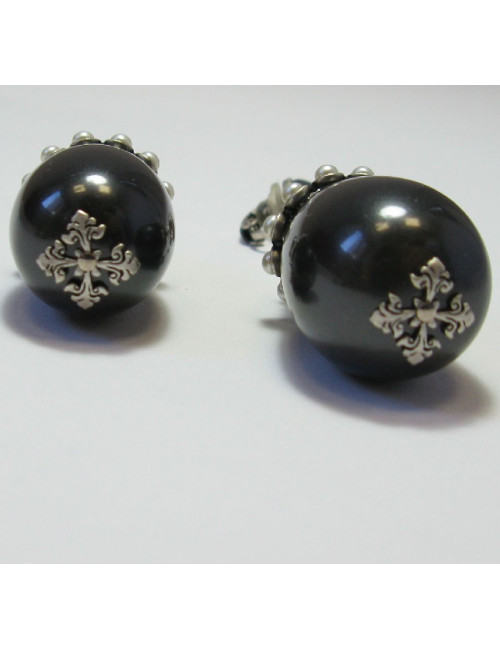 CHANEL gray pearl clip on earrings with silver metal set with white pearls