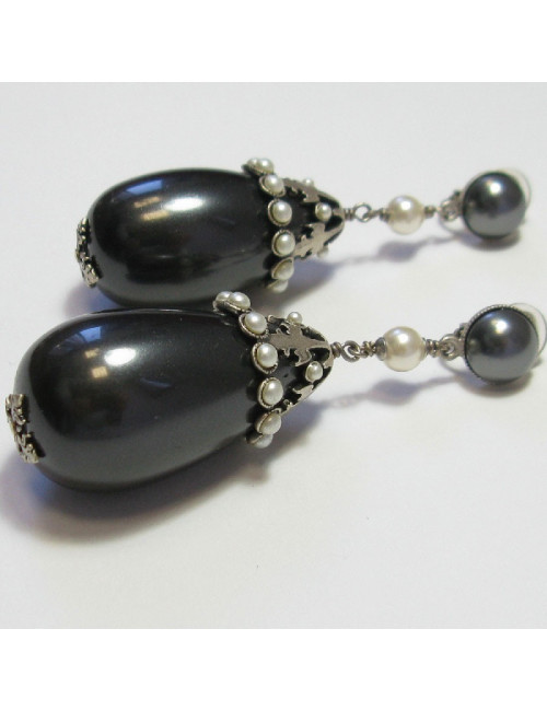 CHANEL gray pearl clip on earrings with silver metal set with white pearls