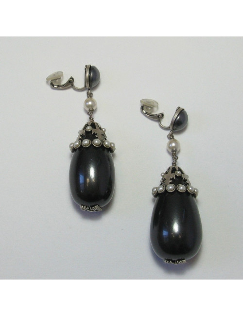 CHANEL gray pearl clip on earrings with silver metal set with white pearls