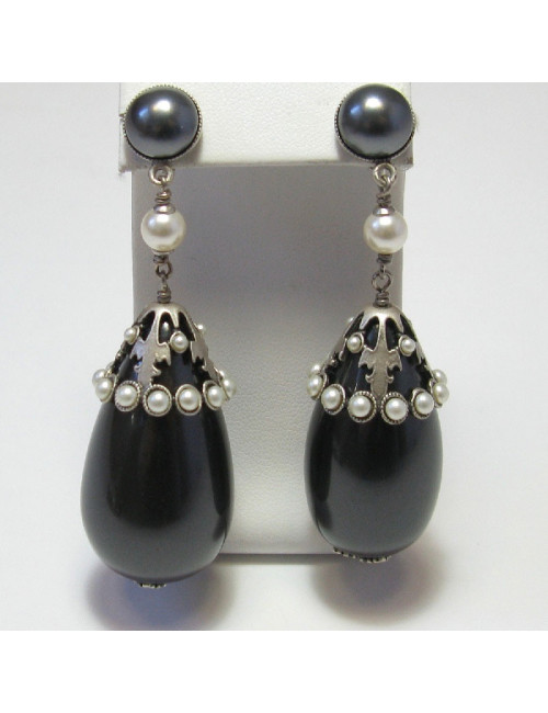 CHANEL gray pearl clip on earrings with silver metal set with white pearls