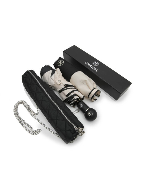  CHANEL umbrella with CC logo in beige and black fabric