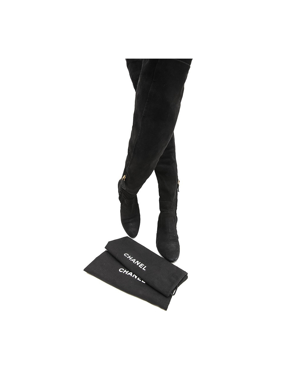 CHANEL T 38.5 thigh boots in black suede calfskin 