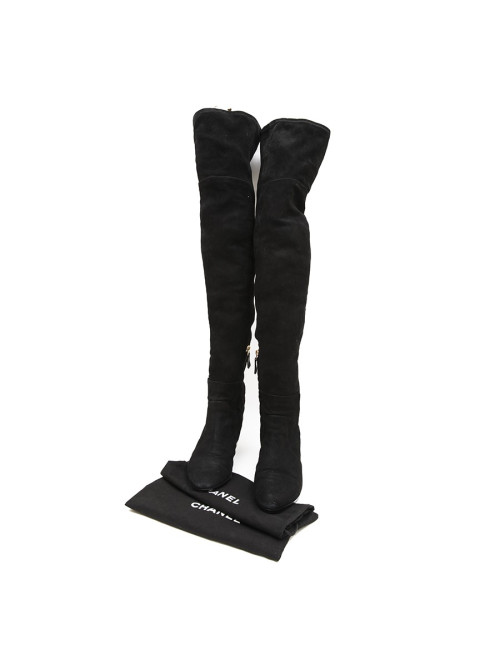CHANEL T 38.5 thigh boots in black suede calfskin 