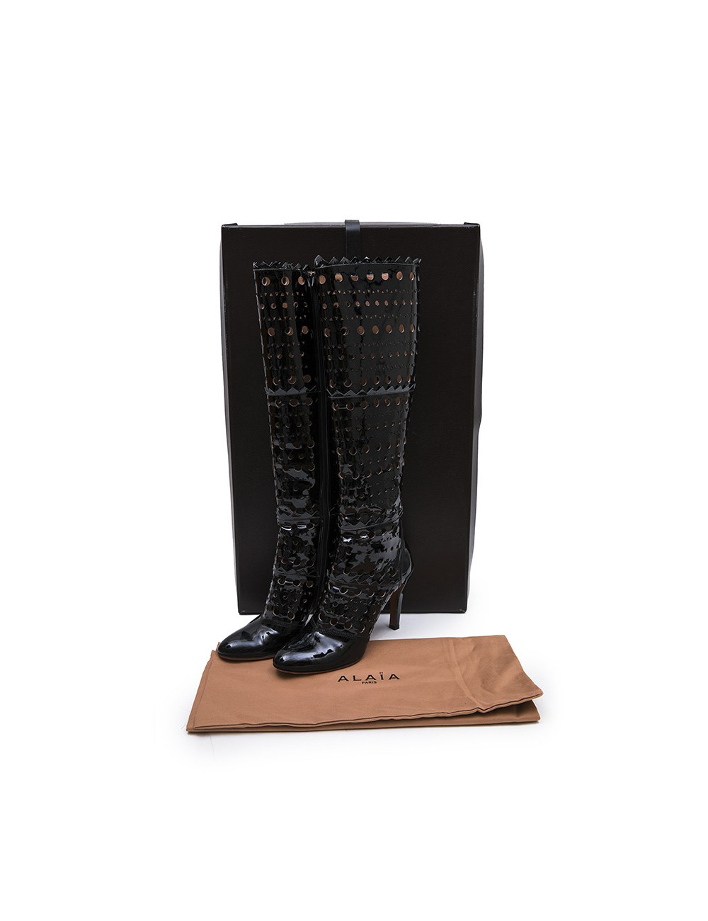 ALAIA T 38 boots in black patent perforated leather