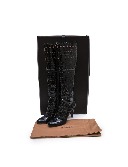 ALAIA T 38 boots in black patent perforated leather