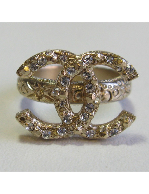 Bague CHANEL CC T52 en métal doré or pâle et strass