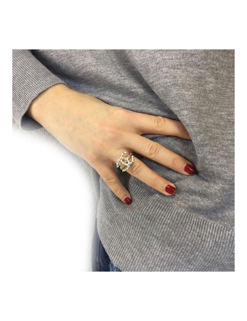 Bague CHANEL CC T52 en métal doré or pâle et strass