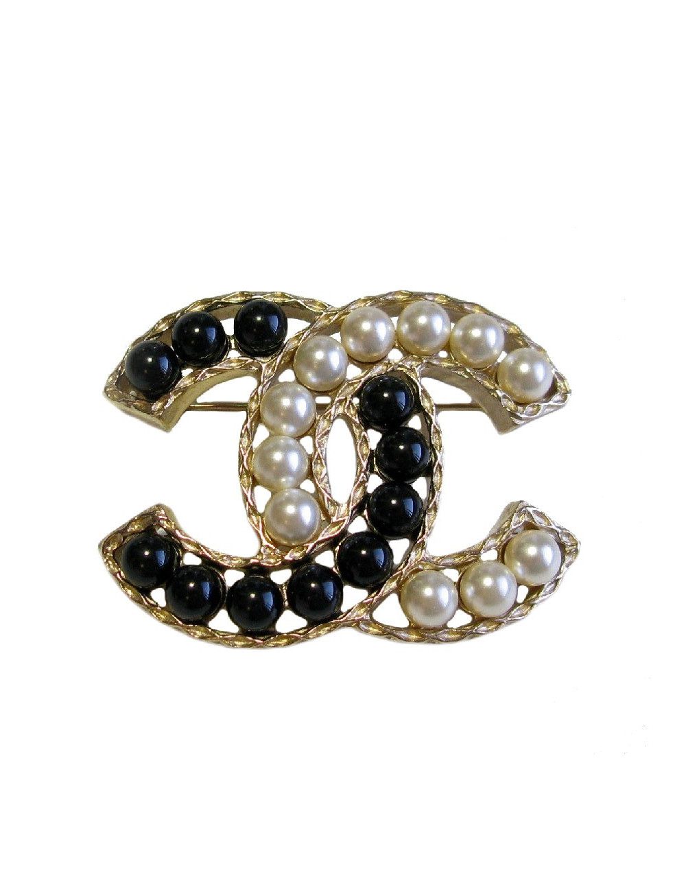 Broche CHANEL CC en métal doré et perles nacrées et noires