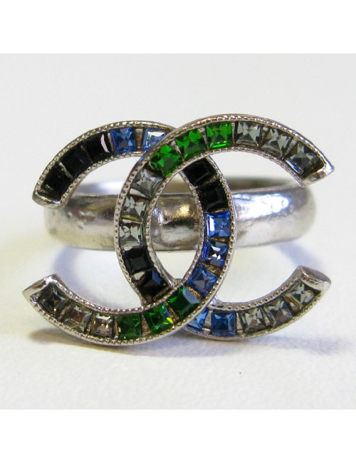 CHANEL CC ring in silver metal set with colored  rhinestones