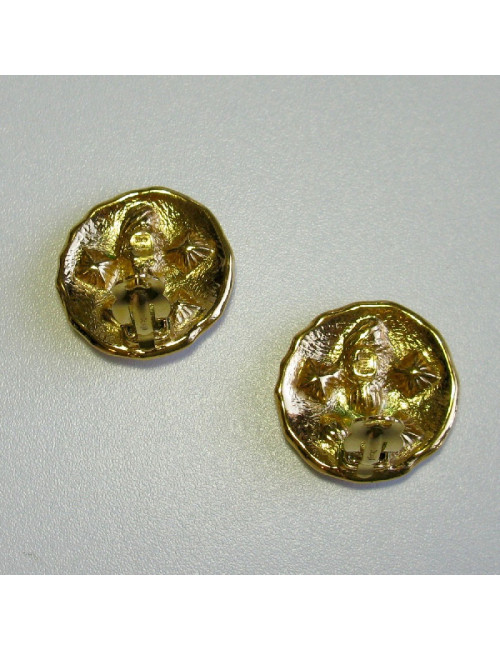 vvv Boucles d'oreille clips YSL SAINT LAURENT ronds en métal doré et strass bleus