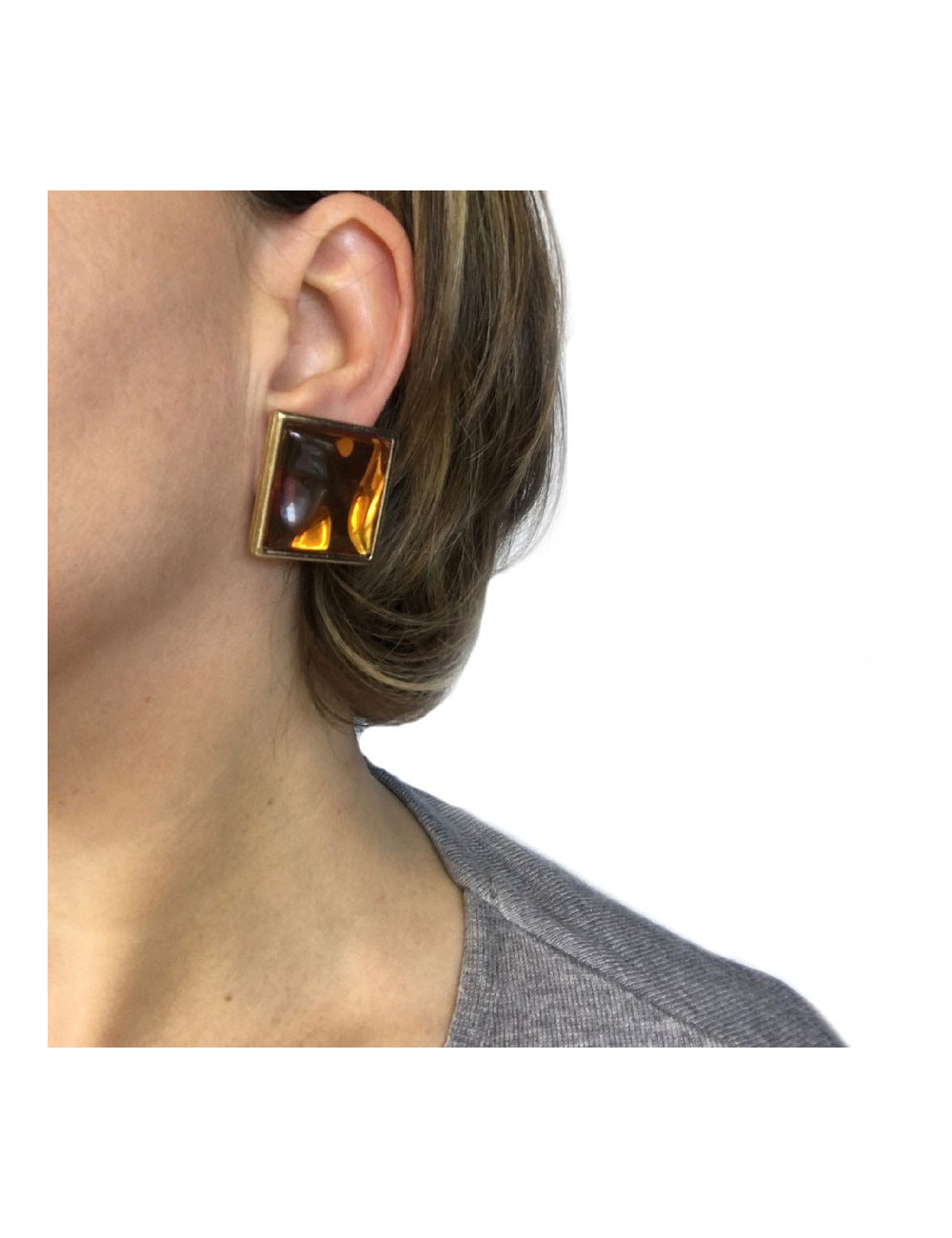 YSL SAINT LAURENT clip-on earrings in gilded metal and amber fantasy stone