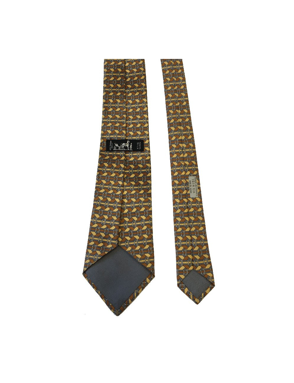 Cravate HERMÈS vintage en soie imprimée gris, marron et jaune clair