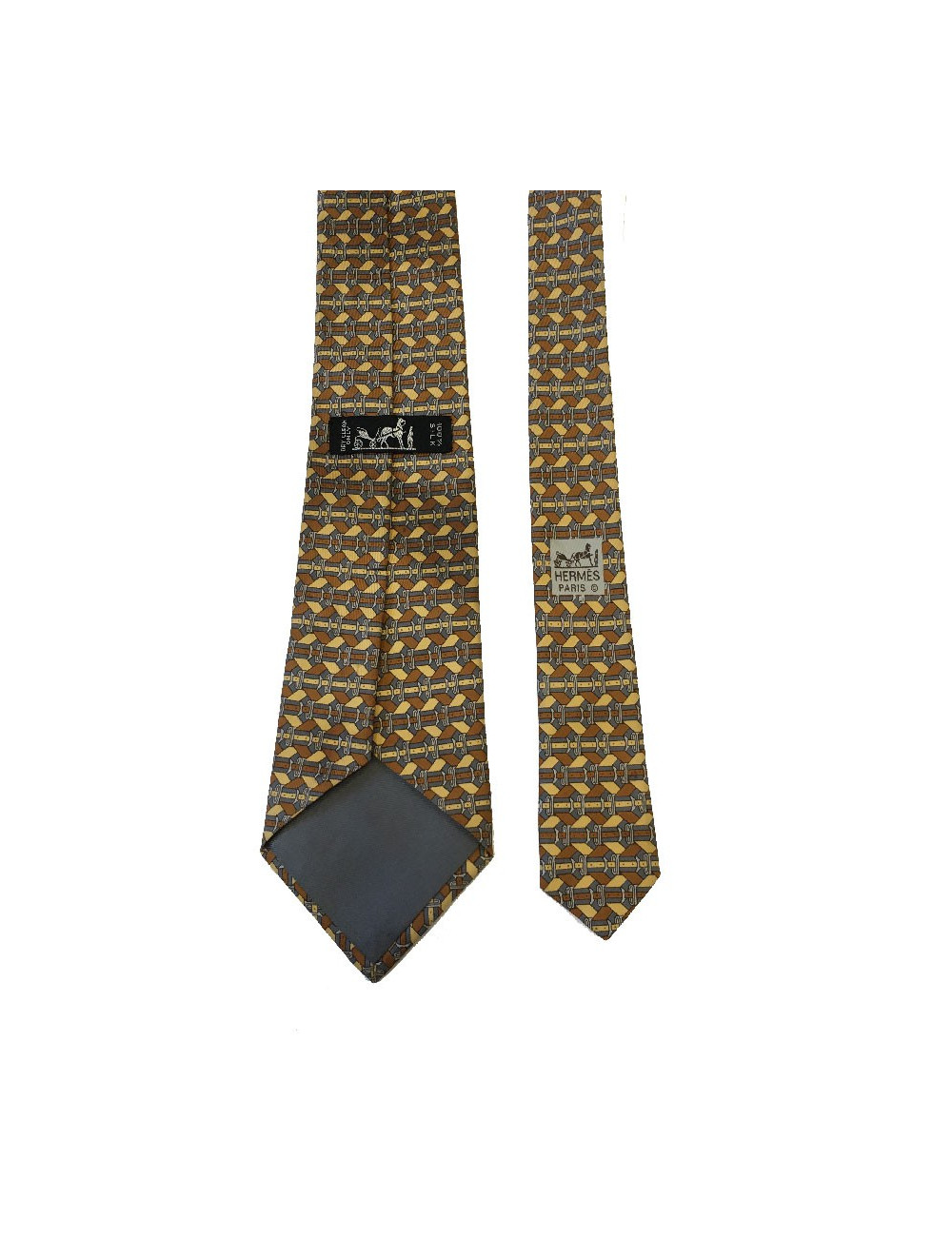 Cravate HERMÈS vintage en soie imprimée gris, marron et jaune clair