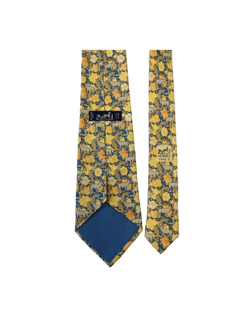 Cravate HERMÈS vintage en soie imprimée jaune, orange et bleu