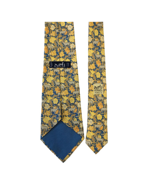 Cravate HERMÈS vintage en soie imprimée jaune, orange et bleu