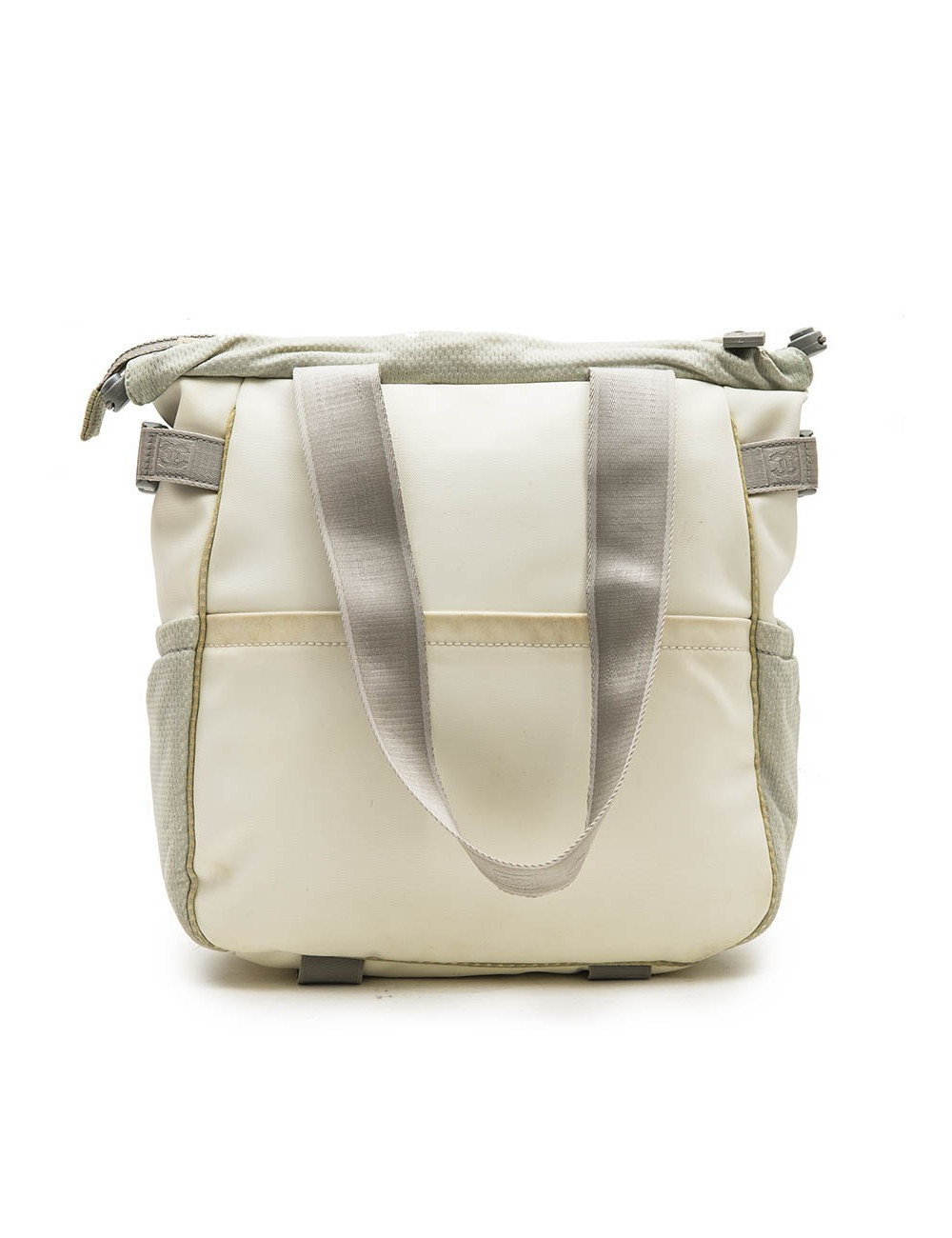 CHANEL bag in beige and grey canvas with CC, Chanel and camellia