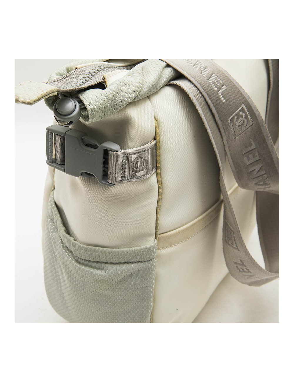 CHANEL bag in beige and grey canvas with CC, Chanel and camellia