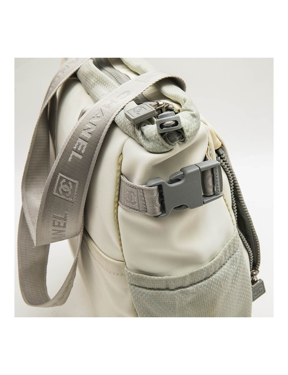 CHANEL bag in beige and grey canvas with CC, Chanel and camellia