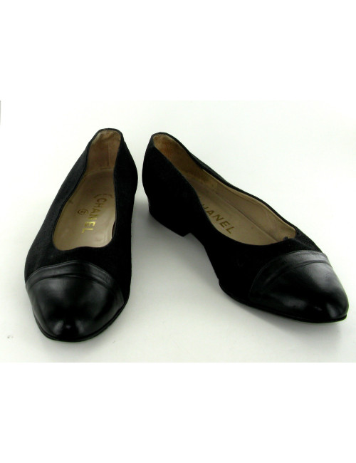 Ballerines T38.5 CHANEL toile et cuir